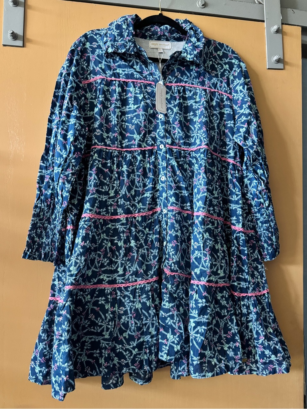 Simply Southern Blue & Pink Floral Button-Front Long Sleeve Cotton Dress XL NWT